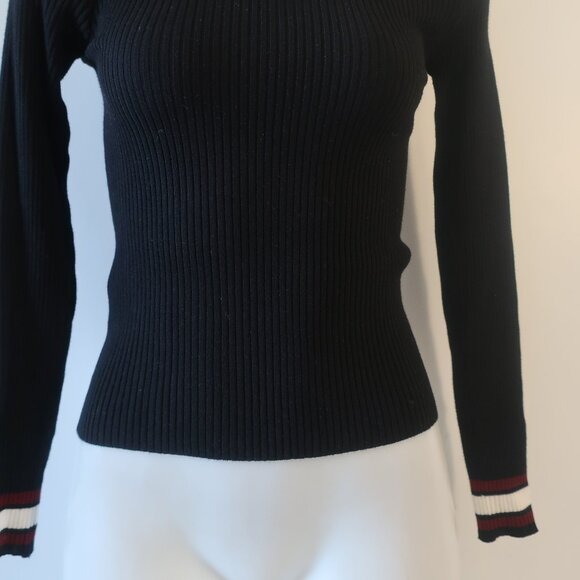 Womens MNG Black Ribbed Knit Crew Striped Cuff Sweater S - Picture 7 of 11